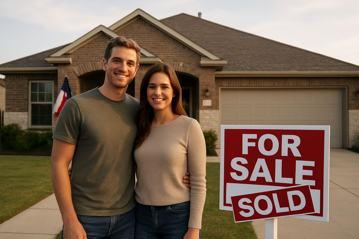 Couple standing outside a suburban Texas home with a sold sign, representing FHA homebuyers in Texas