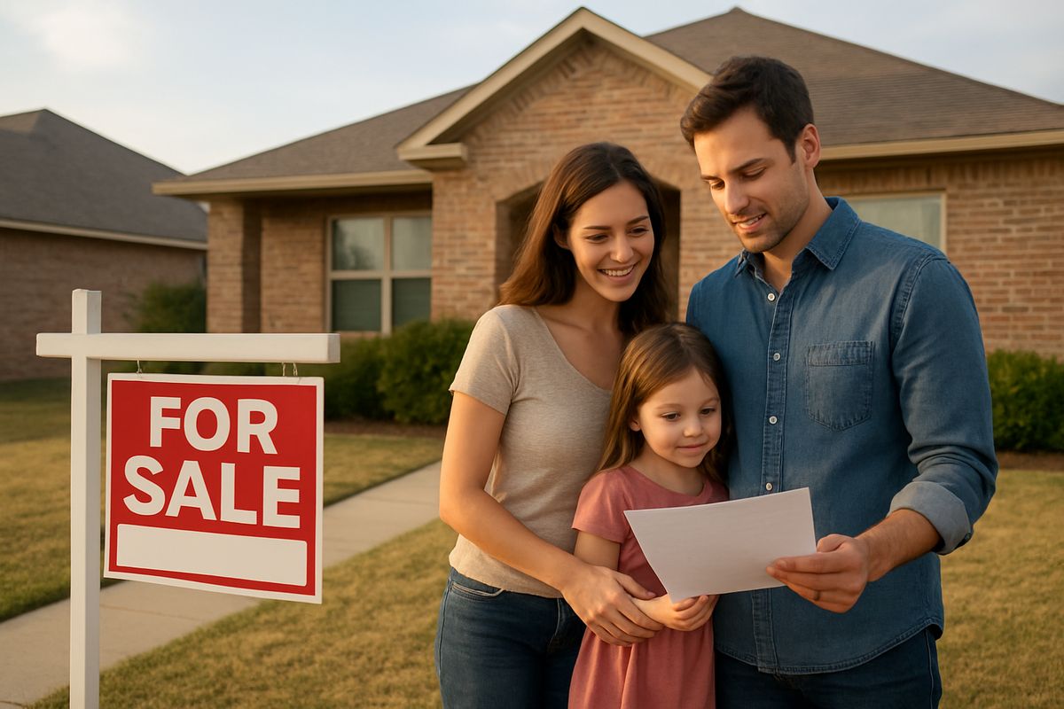 Texas family reviewing home financing paperwork outside a suburban house amid rising mortgage rates