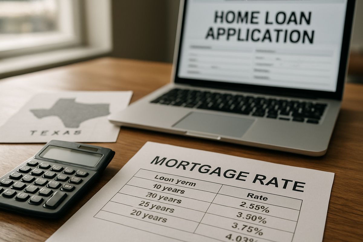 Loan officer's desk with mortgage documents, calculator, and Texas map representing FHA loan qualification process
