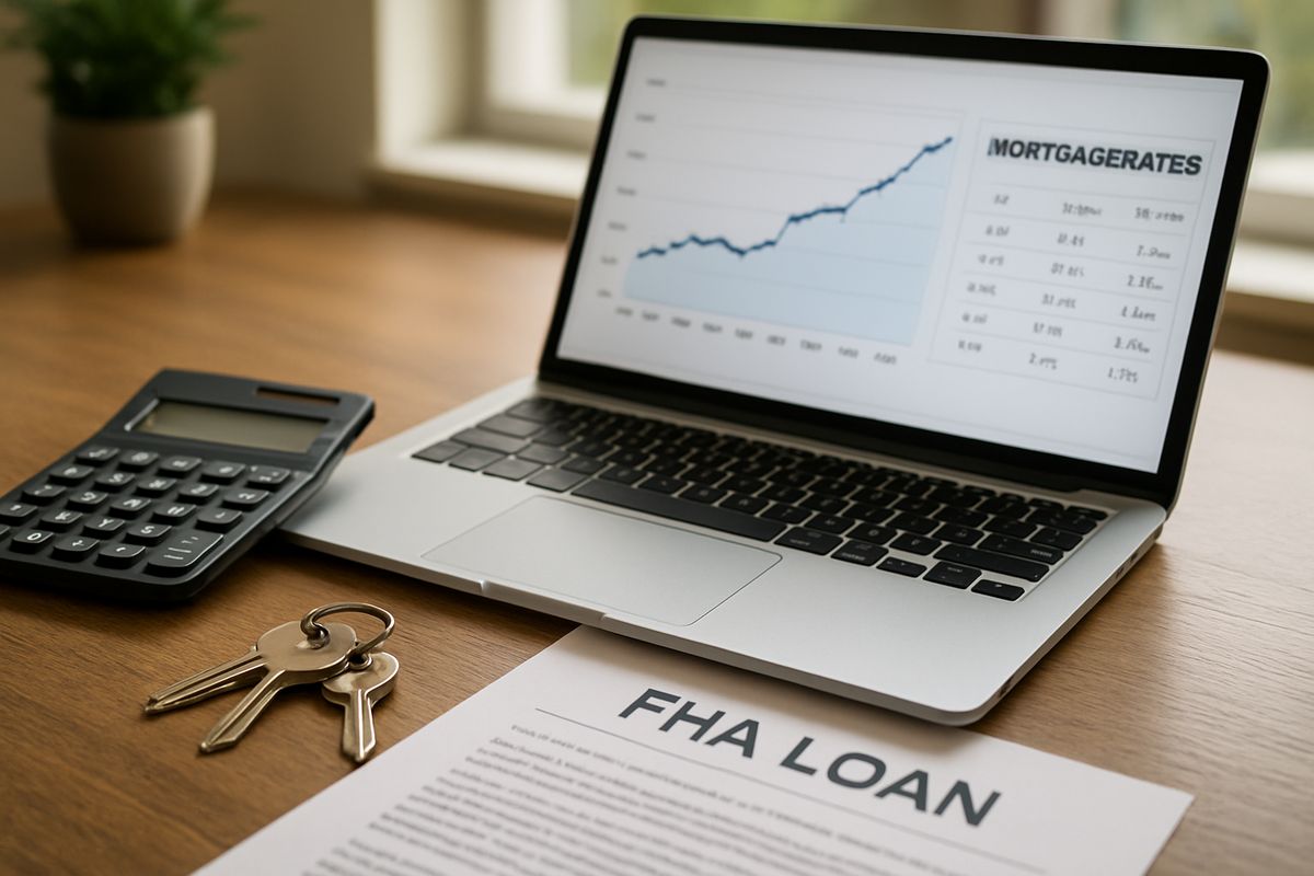 Loan officer's desk with FHA loan documents and mortgage rate charts for Texas homebuyers