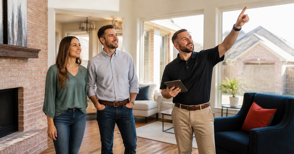 A smiling young couple tours the bright living room of a Texas brick home while a home inspector holding a tablet points out the windows and ceiling