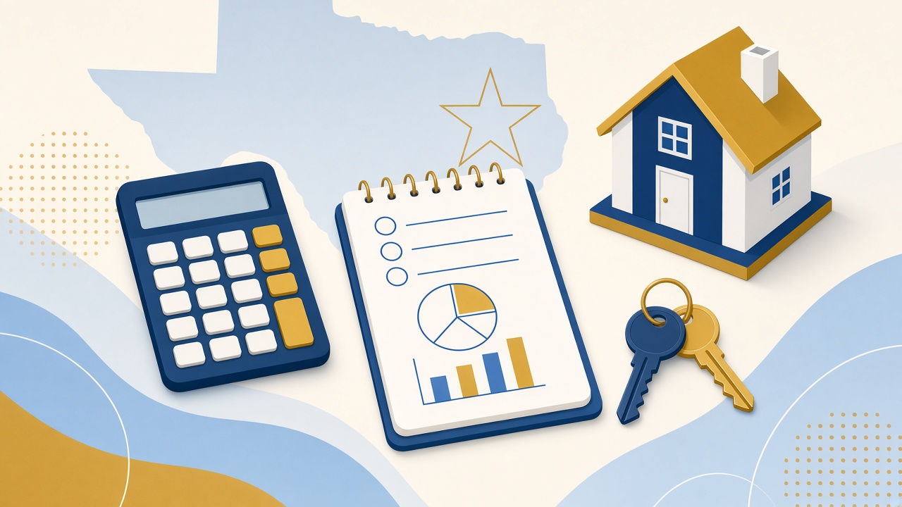 Simple illustration of a house with a calculator and a budget checklist representing how much home a Texas buyer can afford