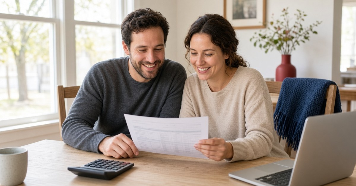 A smiling couple reviews a printed mortgage statement and a calculator together at a dining table in a bright Texas home