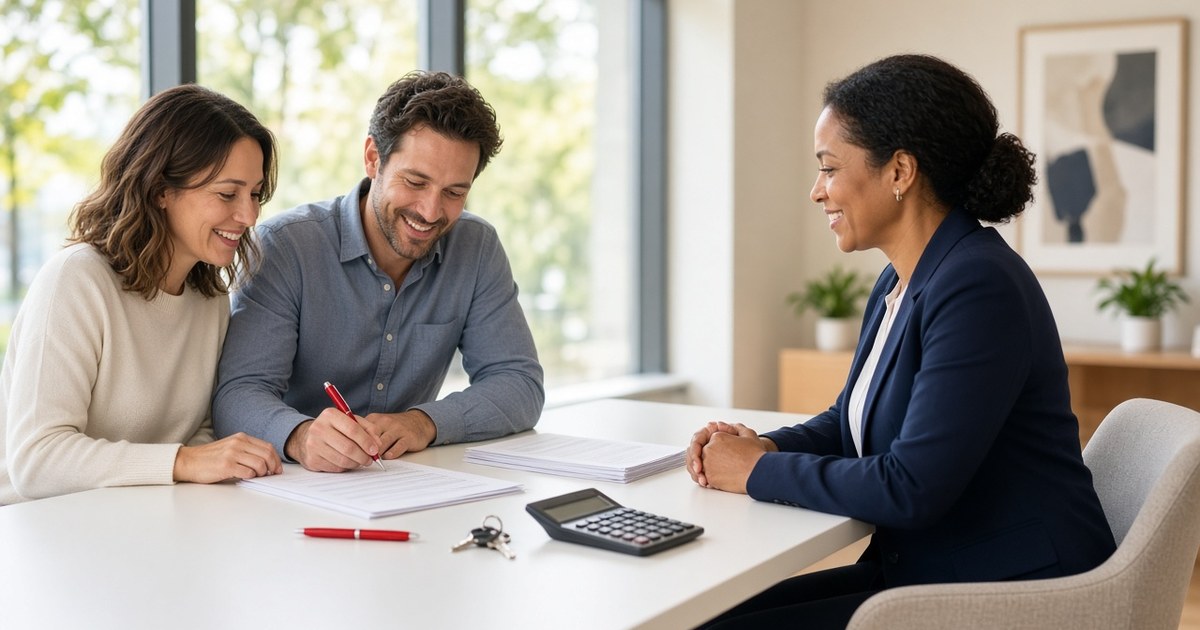 Couple signing closing documents with a closing agent at a bright conference table, house keys on the table