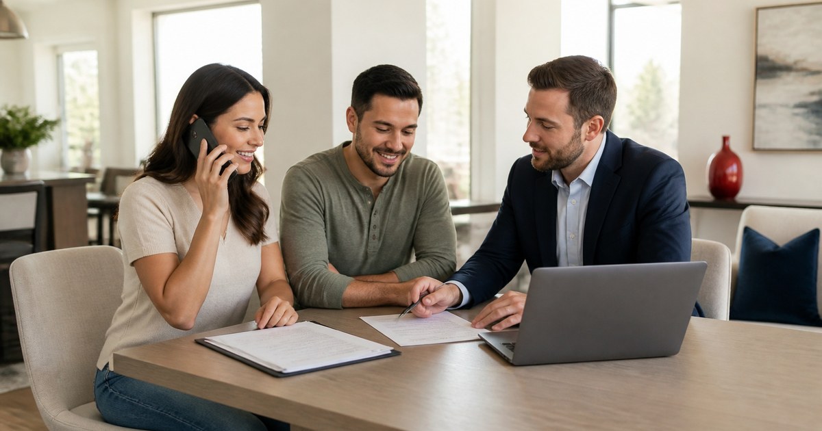 A smiling Texas couple reviews closing papers with a mortgage professional at a bright dining table while the wife makes a phone call to verify details